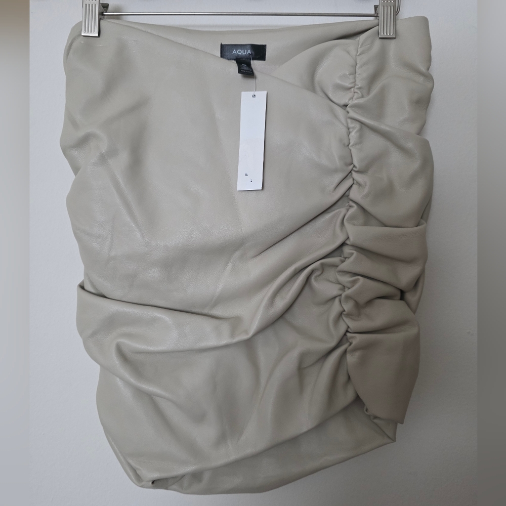 NWT Aqua Assymetrical Faux Leather Taupe Skirt-Rouching Size Large
